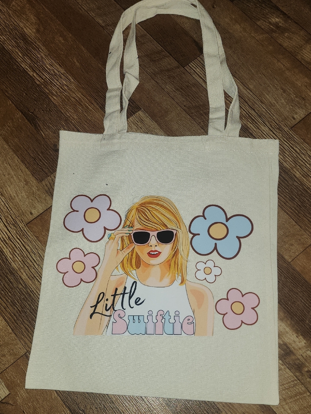 Little Swiftie Canvas Tote - Cream with Pastel Flowers. 13x15